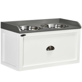 PawHut Raised Pet Feeder, Large Pet Dish Bowl Set with Storage Drawer, 2 Steel Bowls, White