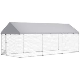 PawHut Outdoor Dog Kennel w/ Adjustable & Rotatable Bowl Rack, Waterproof UV-Resistant Cover, Secure Lock, 19.7' x 7.5' x 7.5'