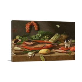 Still Life Carp Terracotta Dish Oysters Asparagus Cabbage Onions Dog Cat